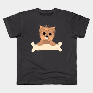 Blonde yorkie with a bone Kids T-Shirt